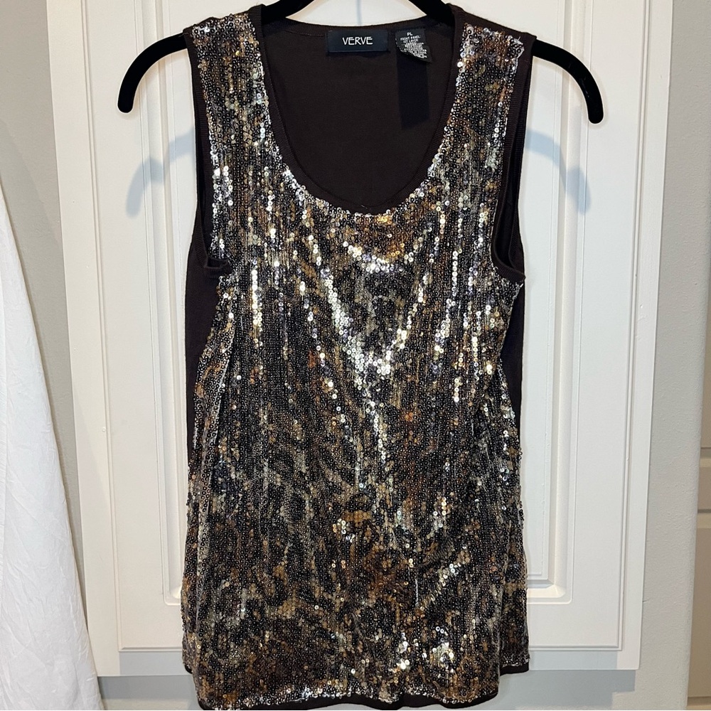 Verve Sequin Animal Print Brown Bronze Tank Top Sleeveless Size Petite Large